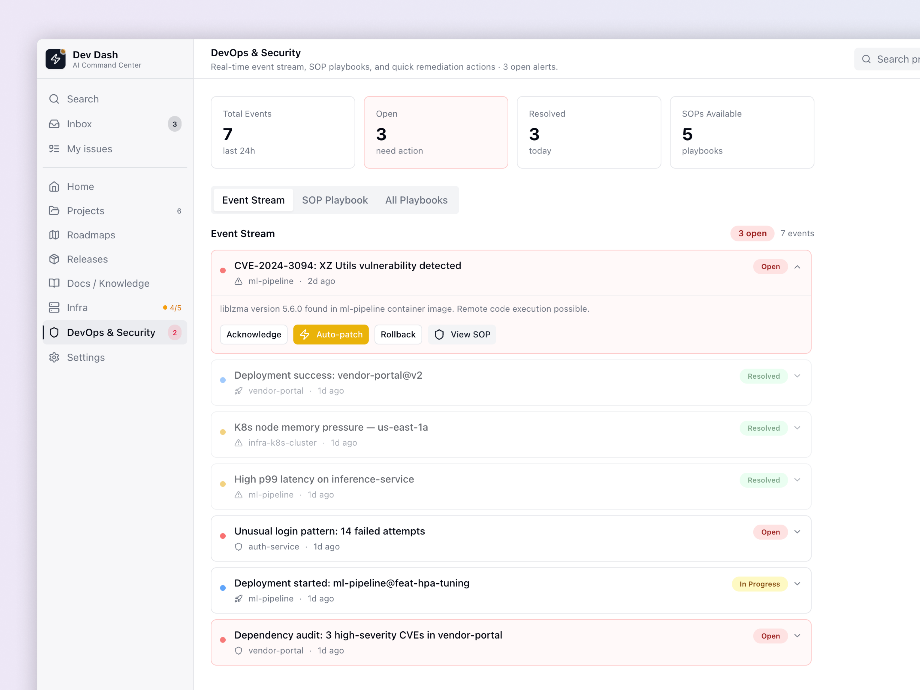 DevOps & Security — Event Stream + SOP Playbooks