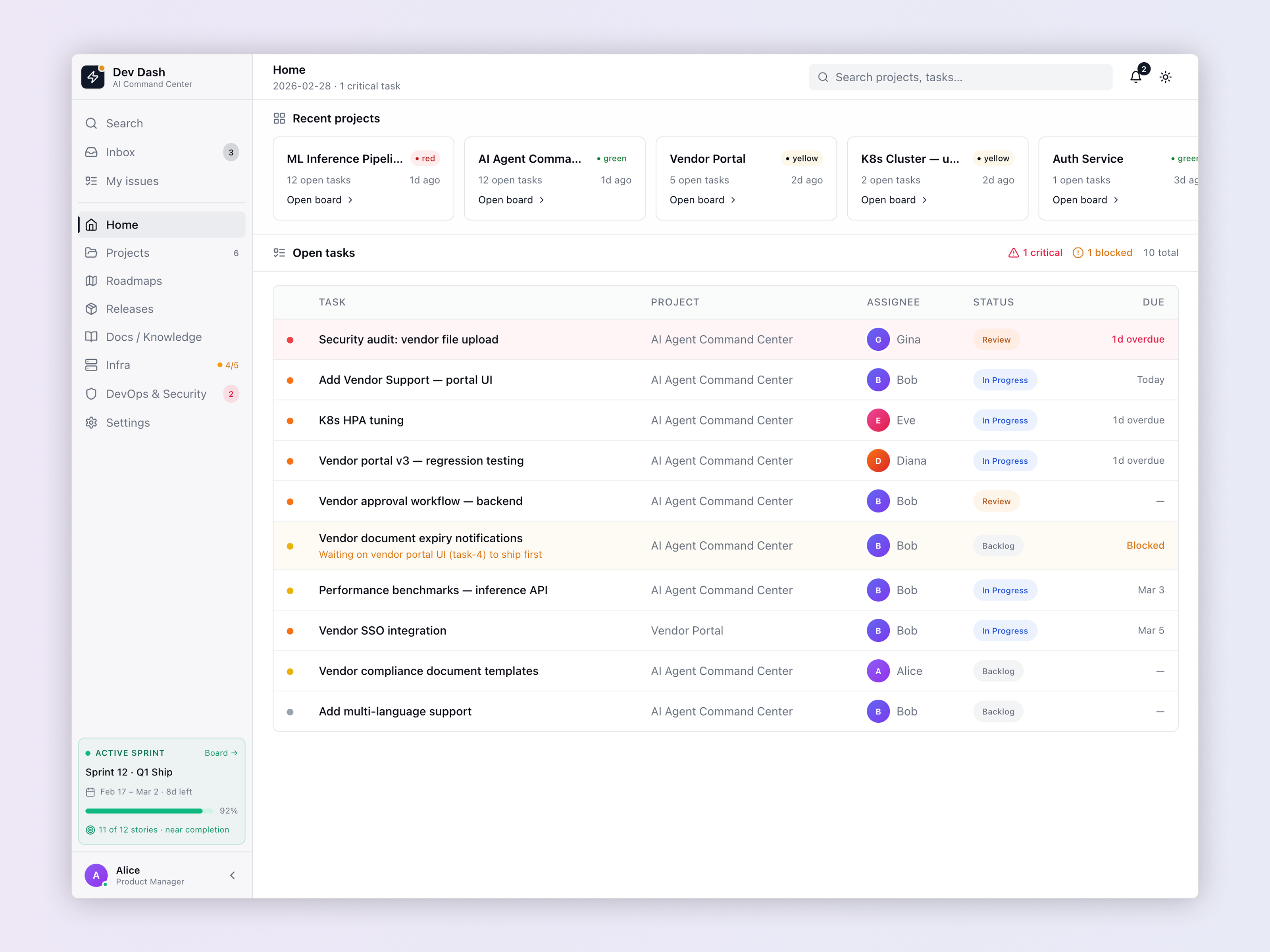 Projects — Kanban + Sprint View